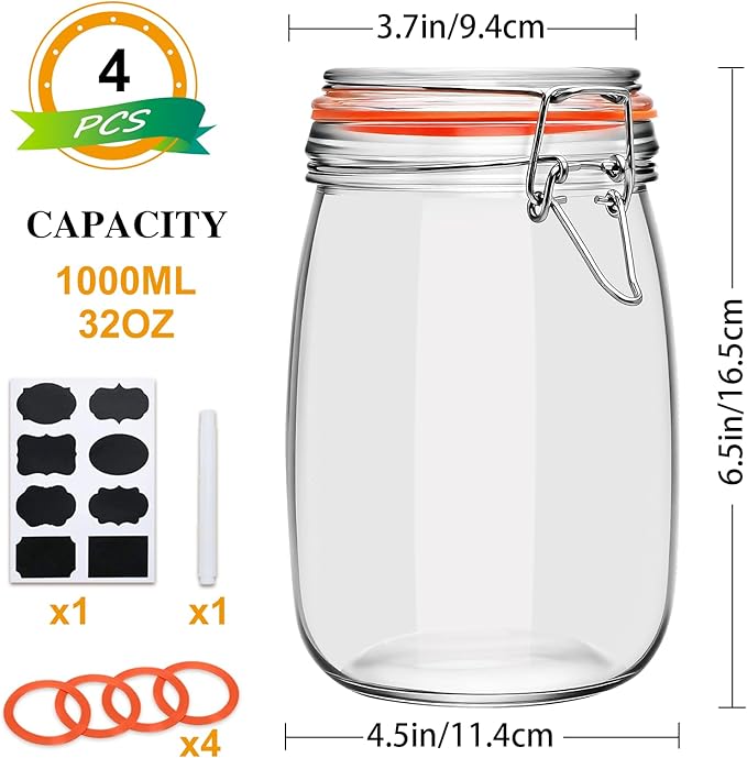 Encheng 32 oz Wide Mouth Mason Jars with Airtight Hinged Lids, Large Glass Jar with Lid for Pickling, Fermentation, Canning, Food Storage – Set of 4 Glass Storage Containers