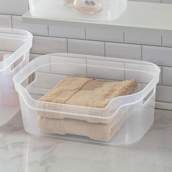 Sterilite 5.25x9.5x13 In Medium Polished Open Scoop Front Storage Bin w/Comfortable Carry Through Handles for Household Organization, Clear (16 Pack)