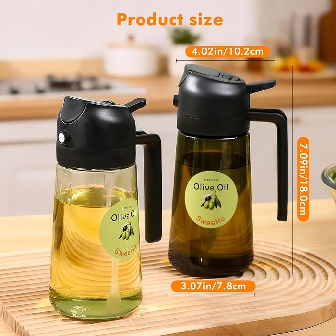 Oil Sprayer for Cooking,470ml Cooking Olive Oil Sprayer and Oil Dispenser 2 In 1, Food-grade Glass Oil Spray Bottle Mister for Air Fryer, BBQ, Griddle (Black+dark green glass and color label)