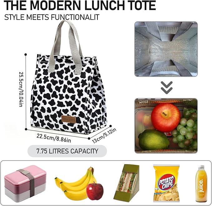 TELLUMO Lunch bag, Insulated Lunch Bag for Women Men Large Lunch Box Container Reusable Leakproof Tote for Office, Work, School, Beach or Travel (Cow-print)