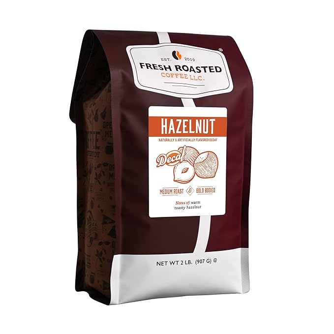 Fresh Roasted Coffee, Decaf Hazelnut Flavored Coffee, 2 lb (32 oz), Medium Roast, Kosher, Whole Bean