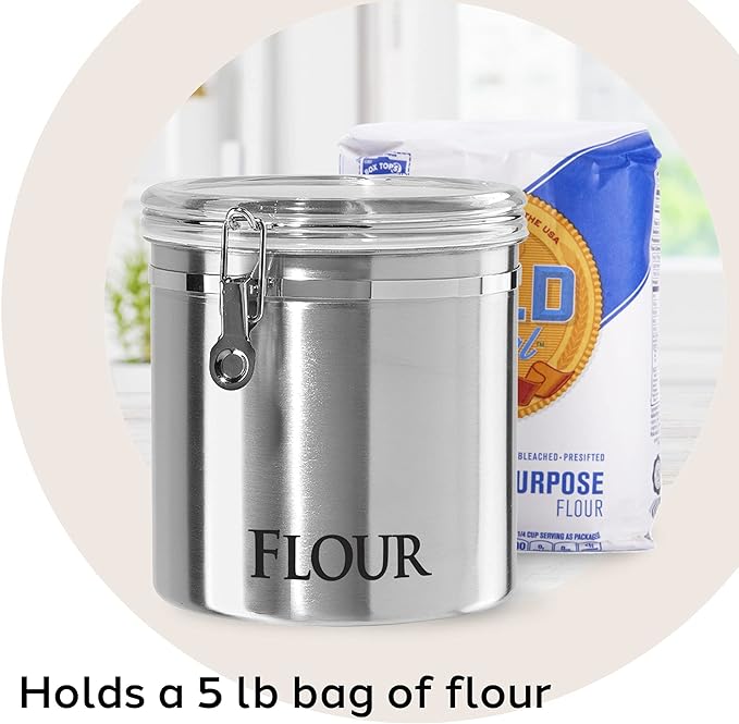 Oggi Jumbo 8" Stainless Steel Flour Clamp Canister - Airtight Food Storage Container Ideal for Kitchen & Pantry Storage of Flour or other Bulk, Dry Foods.