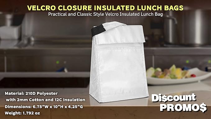 DISCOUNT PROMOS 10 Hook and Loop Insulated Lunch Bags Set - Polyester, Durable, Vibrant, Reusable - White