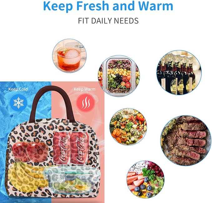 DALINDA Lunch Bag Women,Lunch Box Adult for Women Men Reusable Insulated Lunch Tote Bag,Leakproof Food Handbags Case High Capacity for Travel Work Picnic Beach,Leopard