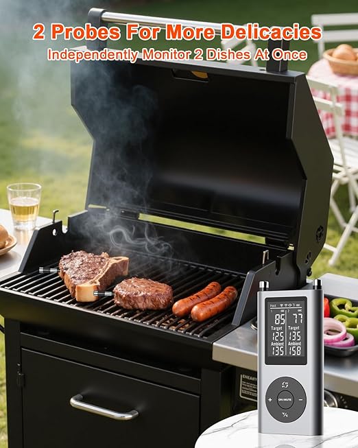 Wireless Meat Thermometer with 2 Probes & 800Ft Range - Smart Bluetooth BBQ Grill Thermometer with Standalone Base, NIST Certified ±0.5°F Accuracy, Backlit Display for Oven, Smoker, Kitchen Cooking