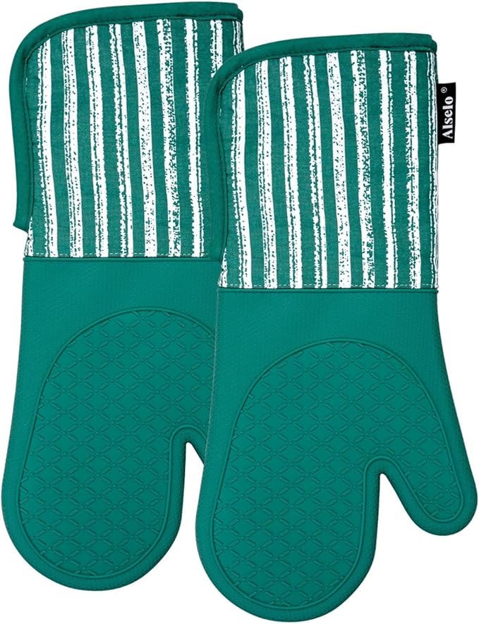 Silicone Oven Mitts Heat Resistant 932℉ with Waterproof & Non-Slip Kitchen Mittens, Set of 2 Extra Long Oven Gloves with Soft Cotton Terry Lining for Baking Cooking Barbecue (Emerald Green, 2)