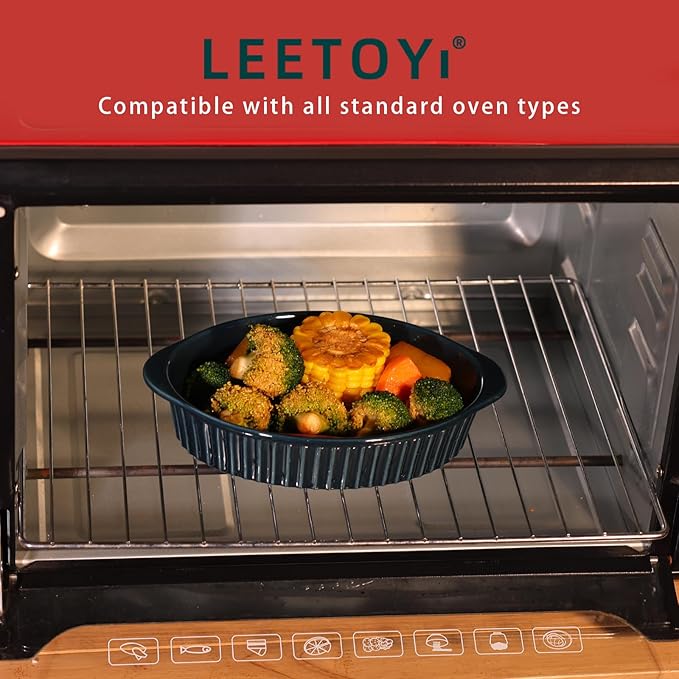 LEETOYI Porcelain Small Oval Au Gratin Pans, Baking Dish Set for 1 or 2 person servings, Bakeware with Double Handle for Kitchen and Home, Set of 2 (Navy)