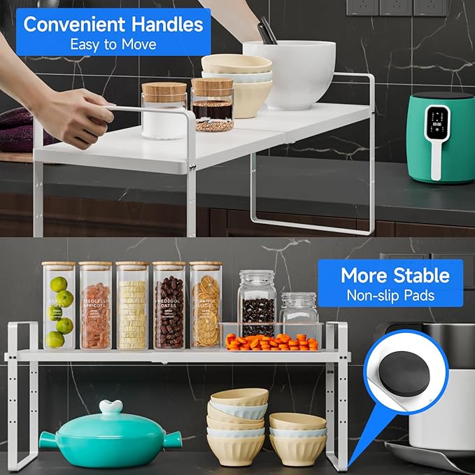Expandable Cabinet Shelf Organizer, Stackable Kitchen Pantry Counter Storage, Adjustable Closet Cupboard Stand Rack Risers Spice Organization 80LBS Heavy Duty White Large 1 Pack