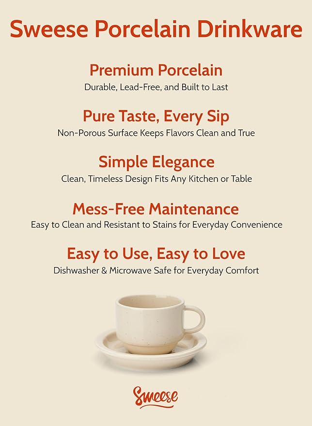 Sweese Porcelain Espresso Cups Set, 2.5 oz, Stackable with Saucers Metal Stand, Beige, 4 Pack