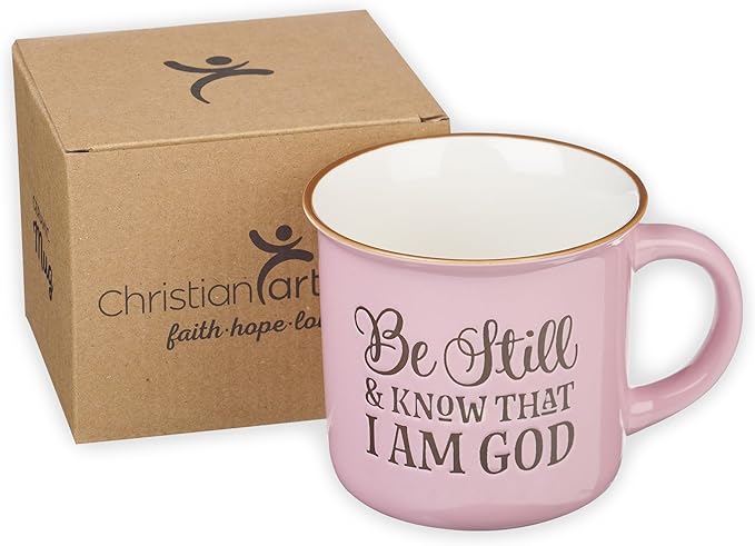 Christian Art Gifts Pink Camp Style Ceramic Coffee Mug – 13 oz. Microwave and Dishwasher Safe Inspirational Scripture Coffee and Tea Mug for Women with Bible Verse: Be Still and Know - Psalm 46:10