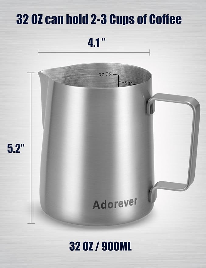 Milk Frothing Pitcher, 32oz Stainless Steel Milk Frother Cup Steaming Pitcher, Cappuccino Espresso Accessories Coffee Bar Barista Tools, Metal Steamer Cup Milk Jug with Latte Art Pen, Matte Steel