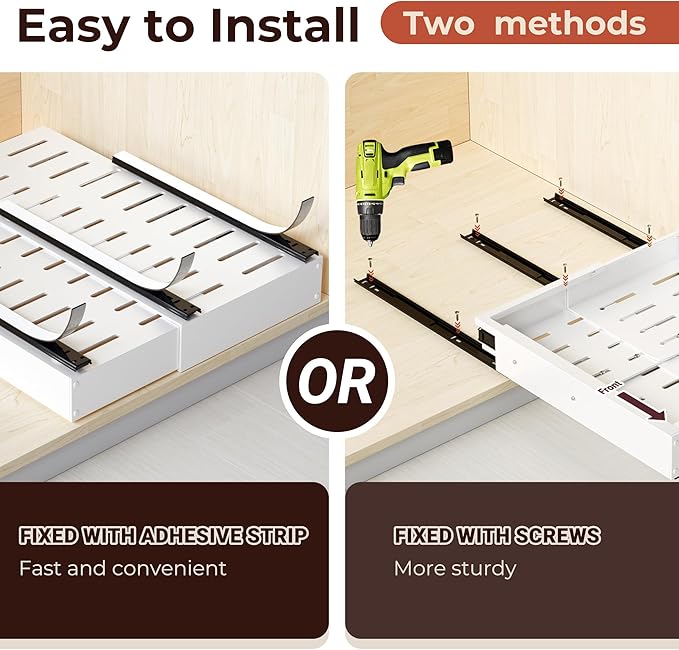 1 Pack Pull Out Cabinet Organizer, Slide Out Drawer Expandable Width (12"-19") and Depth (17"-23") With 3 Slides, Fixed with Adhesive Film and Nail for Cabinets in Kitchen, Pantry or Bathroom
