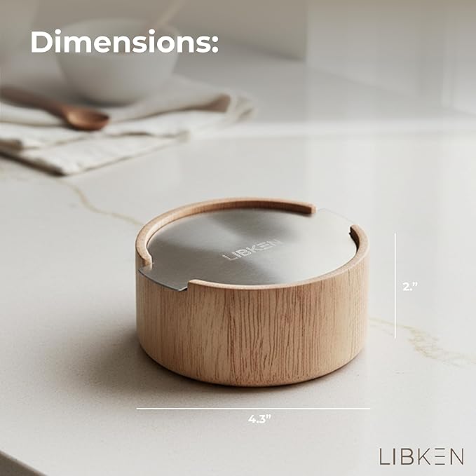 Wooden Salt Box with Stainless Steel Lid & Spoon – Rubberwood Keeper to avoid Dust, Minimal Scandinavian Bowl for Pepper, Spices, Herbs and Salt Storage Container - Wooden
