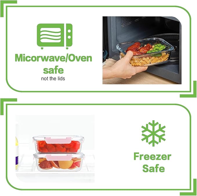 8 Pack 36oz Large Glass Meal Prep Containers with lids, Glass Food Storage Containers with Leak Proof Snap Lock Lids , Airtight Bento lunch Boxes, Kitchen Storage, Oven and Dishwasher Safe-Pink