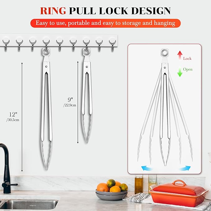Kitchen Tongs for Cooking - 9 Inch & 12 Inch Heat Resistant Stainless Steel Metal Locking Tong, BBQ Tongs Grill Tong for Cooking, Grilling, BBQ/Barbecue, Food (9+12 inch)
