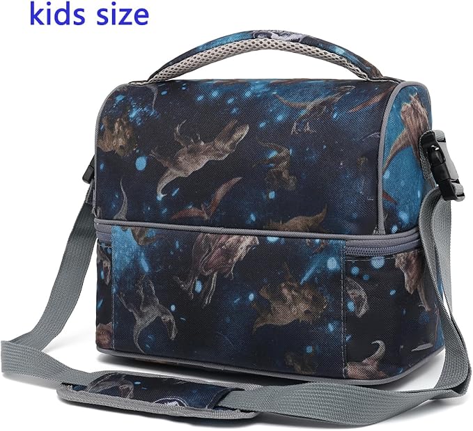 FlowFly Double Decker Cooler Insulated Lunch Bag Large Tote for Boys, Girls, Men, Women, With Adjustable Strap, MyDinosaur