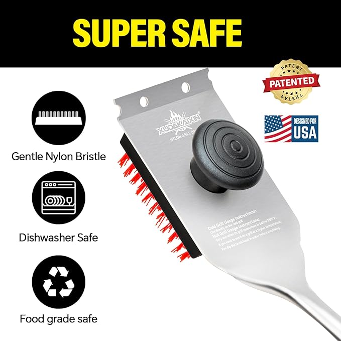Nylon Grill Brush,Dual Grip Design,with Extended Luxurious Acaciawood Handle,Safe Nylon Bristles Barbecue Triple Scrubbers Cleaning Brush for Cast Iron Grates/Porcelain/Charcoal Grill