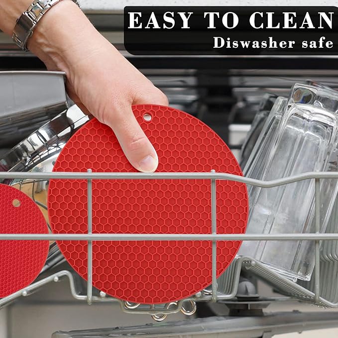 Silicone Trivets for Hot Pots and Pans - 4PCS Heat Resistant Oversized Silicone Pot Holders Hot Pads for Kitchen, Multipurpose Round Trivet Mat, Spoon Holder & Jar Opener, Drying Mat（Red）