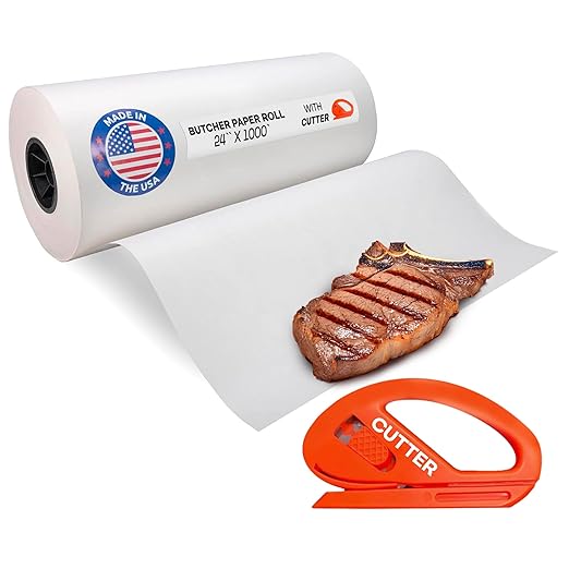 White Butcher Paper 24" x 12000" (1000 feet) with Cutter - USA-Made Natural Butcher Paper Roll for Meat & Fish - Uncoated Food-Grade Material for Smoking, Grilling & Barbecue by IDL Packaging