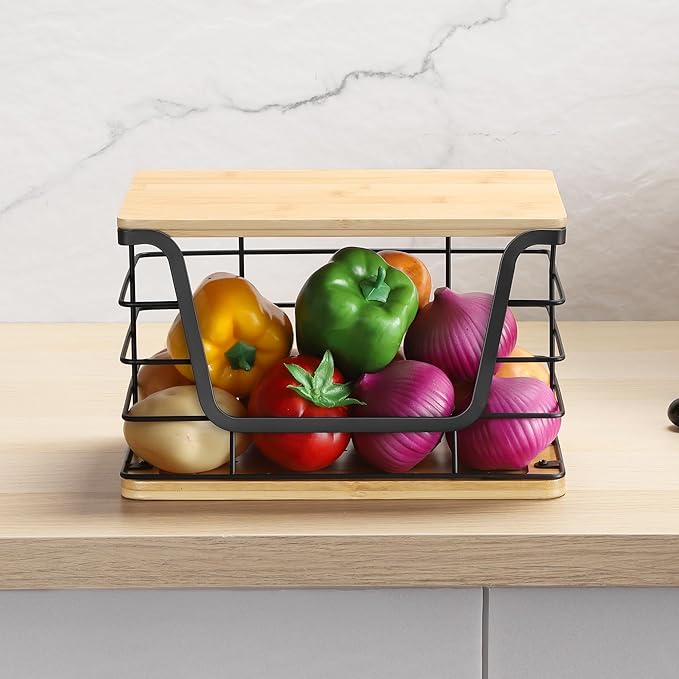 ALOCEO Large Wire Basket for Kitchen Pantry, Stainless Steel Kitchen Counter Organizer for Potato Onion, Trash Bag Dispenser Under Sink with Bamboo Top, Black