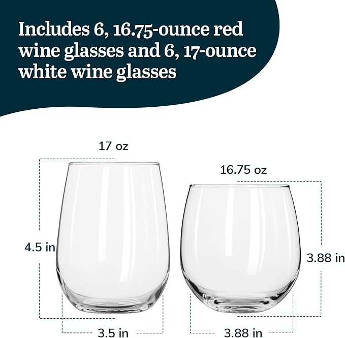 Libbey Stemless Wine Glasses Set of 12, Dishwasher Safe Set Of Wine Glasses, Perfect for Cocktails, Water, and Outdoor Glassware