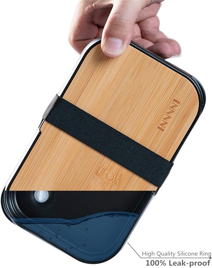 Bento Box Lunch Box Containers for Adults - Natural Bamboo Lid, Cutlery & Chopsticks, Lunch Box for Women, Microwave Safe, Dishwasher Safe, Bpa Free, Leakproof, Men
