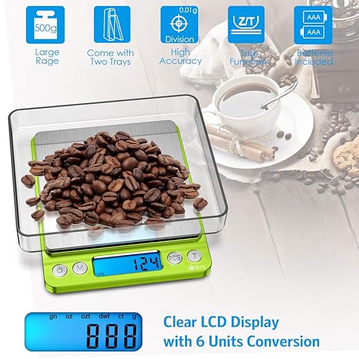 AMIR Digital Kitchen Scale, 500g-0.01g Mini Pocket Jewelry Scale, Cooking Food Scale with Backlit LCD Display, 2 Trays, 6 Units, Auto Off, Tare, Stainless Steel (Battery Included)