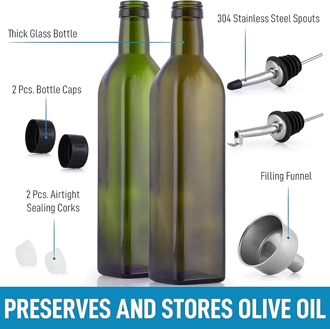 Zulay Kitchen (2 pack 17oz Olive Oil Dispenser Bottle For Kitchen - With 2 Spouts, 2 Removable Corks, 2 Caps, & 1 Funnel - Oil Bottle For Kitchen & Storing Liquids