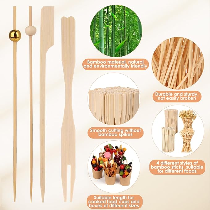400PCS Cocktail Picks, Sublaga 4.7" Eco-friendly Natural Bamboo Ball Food Picks, Fancy Toothpicks for Appetizers, Drinks Party Fruit, Bamboo Gold Ball Food Sticks Charcuterie Boards Accessories