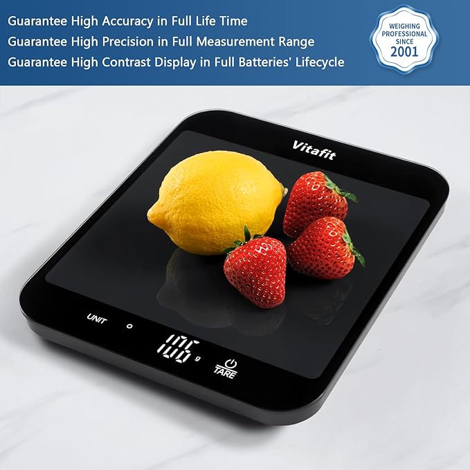 Vitafit 33lb/15kg Food Scale in 1g/0.1oz Precision, High Accuracy Assured by Professional Factory Since 2001, Kitchen Scale for Cooking and Baking, LED Display, Black