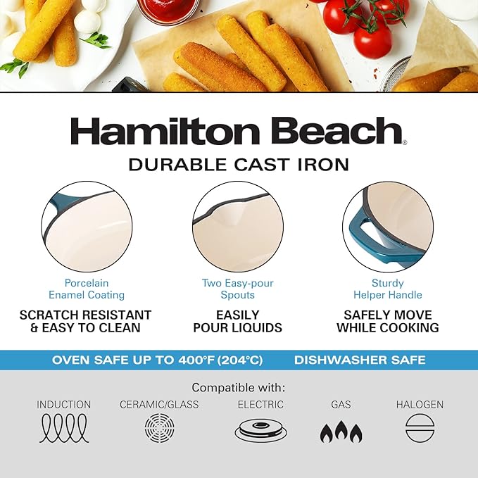 Hamilton Beach Enameled Cast Iron Fry Pan 12-Inch Navy, Cream Enamel Coating, Skillet Pan For Stove top and Oven, Even Heat Distribution, Durable