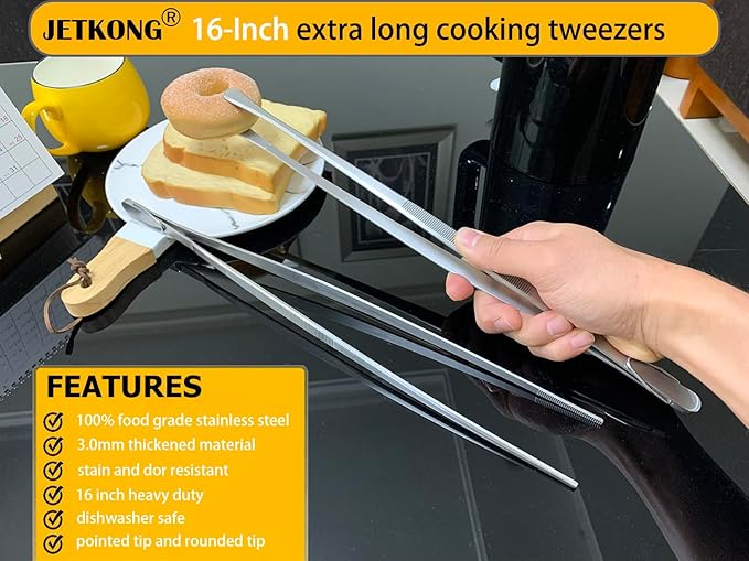 JETKONG 16-Inch Fine Tweezer Tongs Extra-Long Cooking Tweezer Stainless Steel Kitchen Tweezers (Round-Tips)