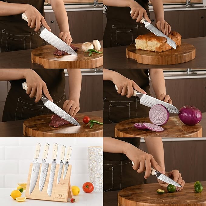 NF Damascus Kitchen Knife Set, NANFANG BROTHERS 6-Piece Damascus Steel VG10 Kitchen Knife Set with Wood Magnetic Knife Holder Block Professional Chef's Knife with Sharp Blades and ABS Ergonomic Handle