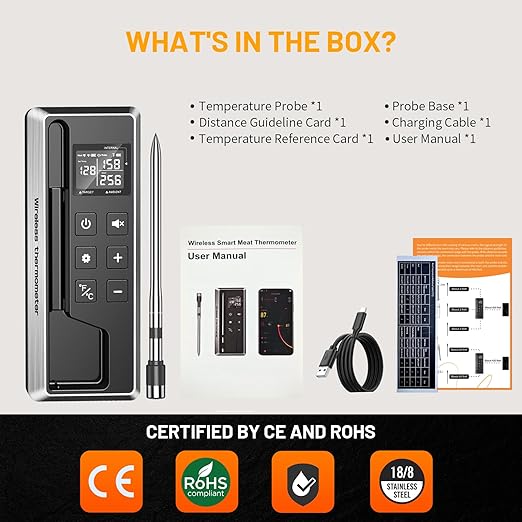 Wireless Meat Thermometer with Smart Timer & APP Control, 800ft Bluetooth Grill Food Thermometer - 0.19In-Ultra Thin Probe, ±0.5℉ Accuracy, Digital Backlit Screen for BBQ, Oven, Smoker, Kitchen