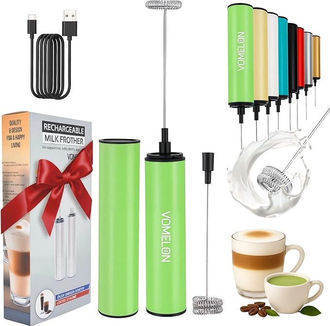 Rechargeable Milk Frother, Electric Coffee Foamer, Handheld Drink Mixer for Latte, Cappuccino, Coffee, Eggs, Hot Chocolate, Protein,Green