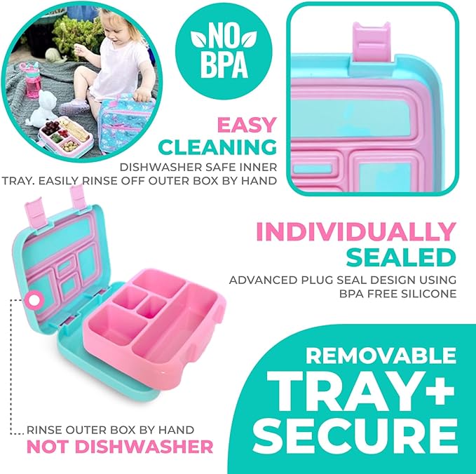 kinsho Bento Lunch Box. Insulated Bag, Water Bottle & Ice Pack Set for Kids, Toddlers, Girls. 5 Portion Sections, Removable Tray, Pre-School Toddler Daycare Lunches, Snack Container, Aqua Cat Mermaid