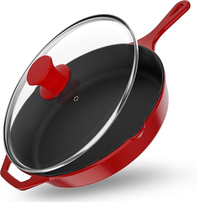 Utopia Kitchen Saute Frying Pan 12 Inch, Cast Iron Chefs Pan, Pre Seasoned Cast iron Skillet With Lid, Safe Grill Cookware for Indoor & Outdoor Use, Red