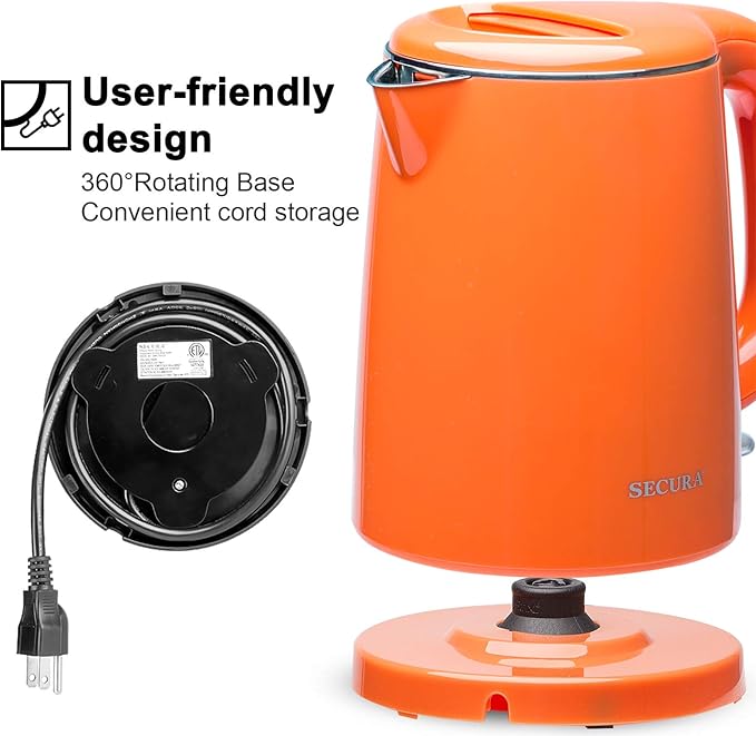 Secura Stainless Steel Double Wall Electric Kettle Water Heater for Tea Coffee w/Auto Shut-Off and Boil-Dry Protection, 1.0L (Orange) SWK-1001DO/HB-K012