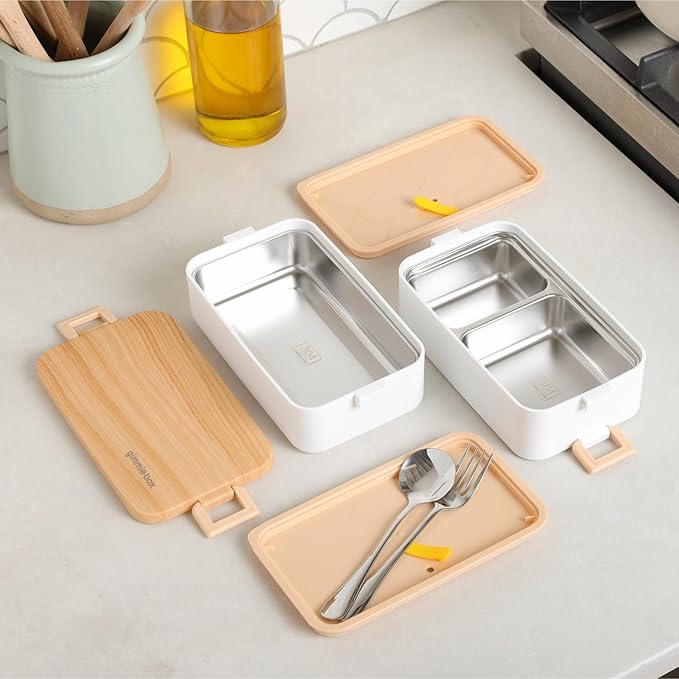 gimmiebox premium stainless steel bento box lunch box with compartments for adults, spoon and fork, leak-proof, easy side locks (Black)
