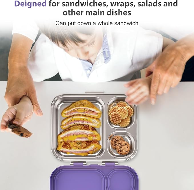 Stainless Steel Bento Box Kids, Leak Proof Metal Bento Lunch Box,3 Compartments 304 Stainless Steel Bento Lunch Containers for School and Office,BPA-Free(Purple)