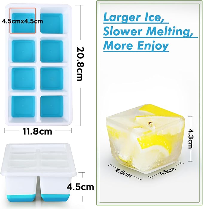 Large Ice Cube Trays with Lid, Jrisbo 2 Pack Stackable Silicone Ice Cube Molds for Freezer, Easy Release 16 Big Square Ice Trays for Whisky Cocktails (Blue)