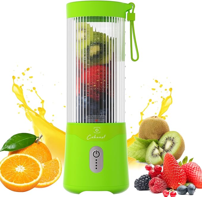 COKUNST Portable Blender, USB Rechargeable Personal Blender for Smoothies, 16 OZ Mini Juicer Mixer with 6 Blades, Small Blenders Cup with 2 Lids, Shake Bottle for Travel, Office, Gym, Kitchen Green