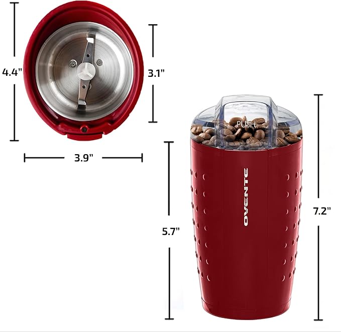 OVENTE Electric Coffee Grinder - Small Portable & Compact Grinding Mill with Stainless Blade for Bean Spices Herb and Tea, Perfect for Home & Kitchen - Maroon CG225M
