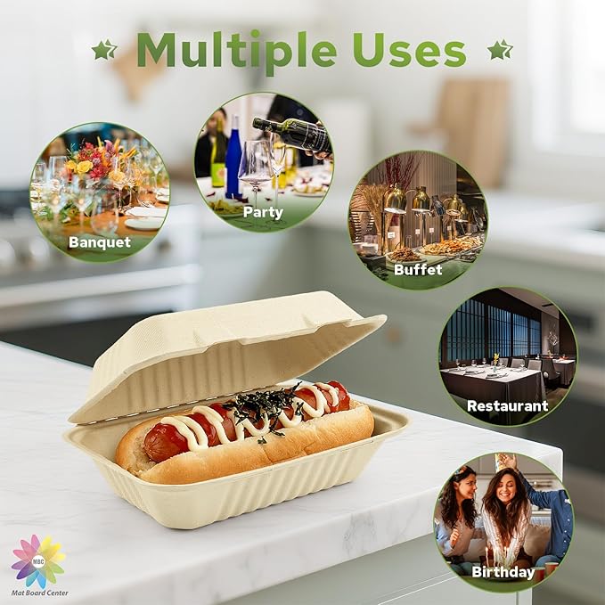 Mat Board Center, 9x 6x 3 inch, 250-Count Ribbed Hamburger Compostable Clamshell Bamware (Bamboo Fiber) Take-Out/to-Go Food Boxes-Biodegradable Containers Hinged Lid-Microwave-Safe-Gluten-Free