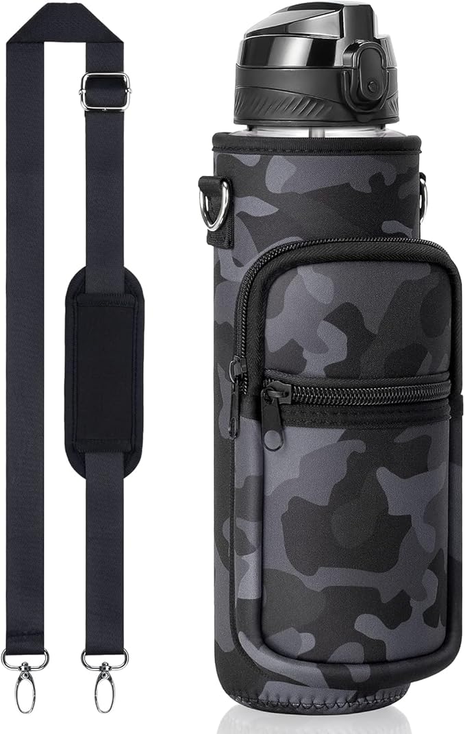 Fimibuke 32 oz Water Bottle with Sleeve - BPA Free Leakproof Sport Large 1L Plastic Motivational Water Bottle with Straw Strap & Insulated Neoprene Holder Carrier Bag Great Xmas Gift for Women Men