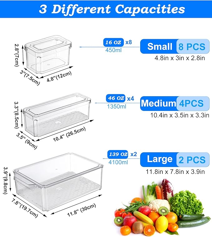 14-Pack Clear Fridge Organizer Bins with Lids, Stackable Refrigerator Storage Containers, BPA-Free with Drain Tray & Anti-Slip Base for Fruits, Veggies, Drinks