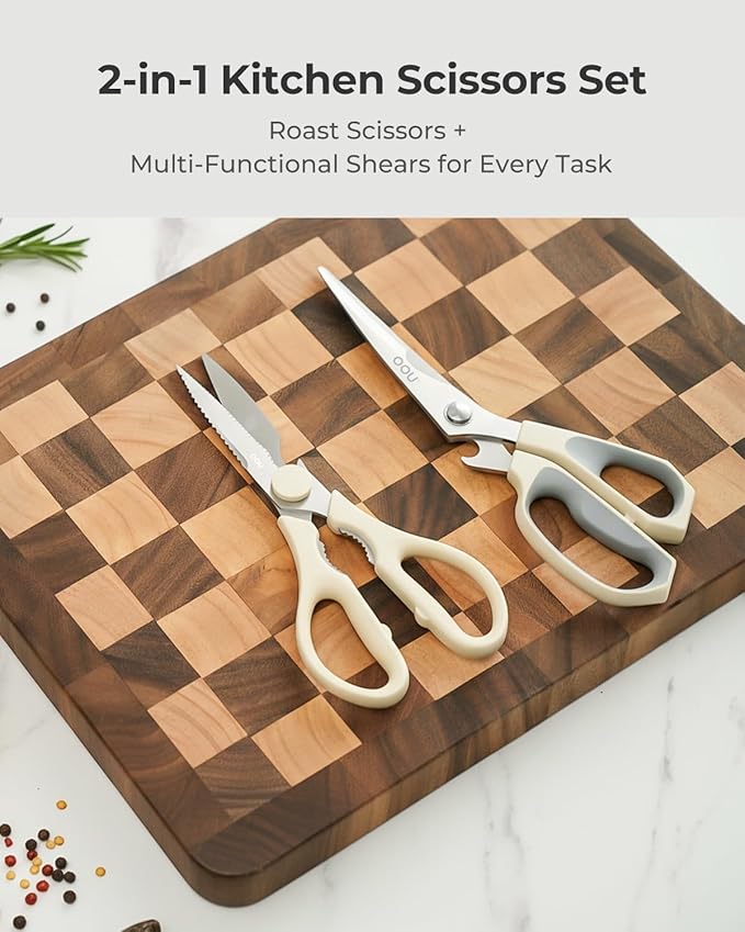 OOU Kitchen Scissors Set - Heavy Duty Stainless Steel All Purpose Shears 2-Pack, Comfort Grip Handles & Protective Sheath, Dishwasher Safe