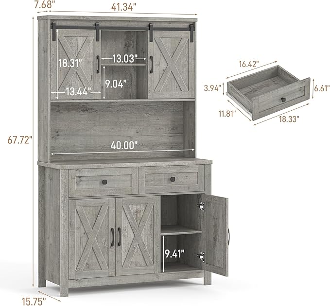 67.7 Inch Farmhouse Pantry Storage Cabinet with Sliding Barn Doors, 2 Drawer Farmhouse Coffee Cabinet with Adjustable Shelf, Side Board with Buffet Cupboard Livingroom Kitchen, Grey