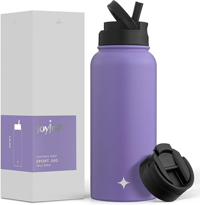 JoyJolt Triple Insulated Water Bottle with Straw Lid AND Flip Lid! 32oz Large Water Bottle, 12 Hour Hot/Cold Vacuum Insulated Stainless Steel Bottle. BPA-Free Leakproof Water Bottles - Thermos Bottle