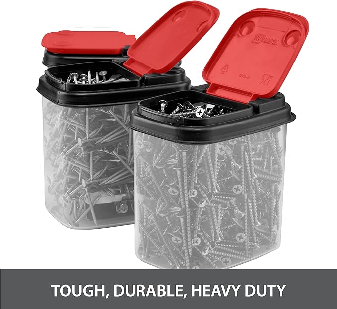 Buddeez Bits and Bolts Storage Containers - Stackable Clear Organizers for Tools and Parts - 12 Pack Red Lid